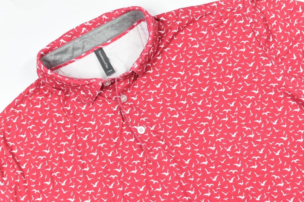 Anderson Ord Polo Shirt Mens XL Pink Birds Short Sleeve Stretch Classic Fit Golf